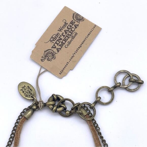 Nine West Vintage America Antiqued Gold-Tone Feather Leather Stone Necklace NWT - Picture 7 of 11